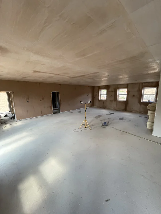 Full room replaster in Chapeltown S35 Sheffield — old plaster stripped, surfaces bonded and finish skimmed to a perfectly smooth result on walls and ceiling by P&R Solutions