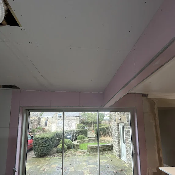 New plasterboard ceiling fixed in a Fulwood S10 extension before taping and skimming