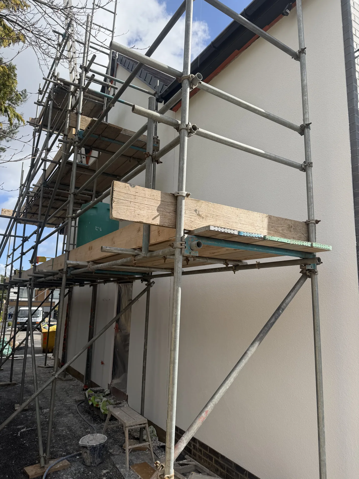 Stage 4g: Full scaffold structure with Marble White side elevation behind — Sandygate Sheffield by P&R Solutions